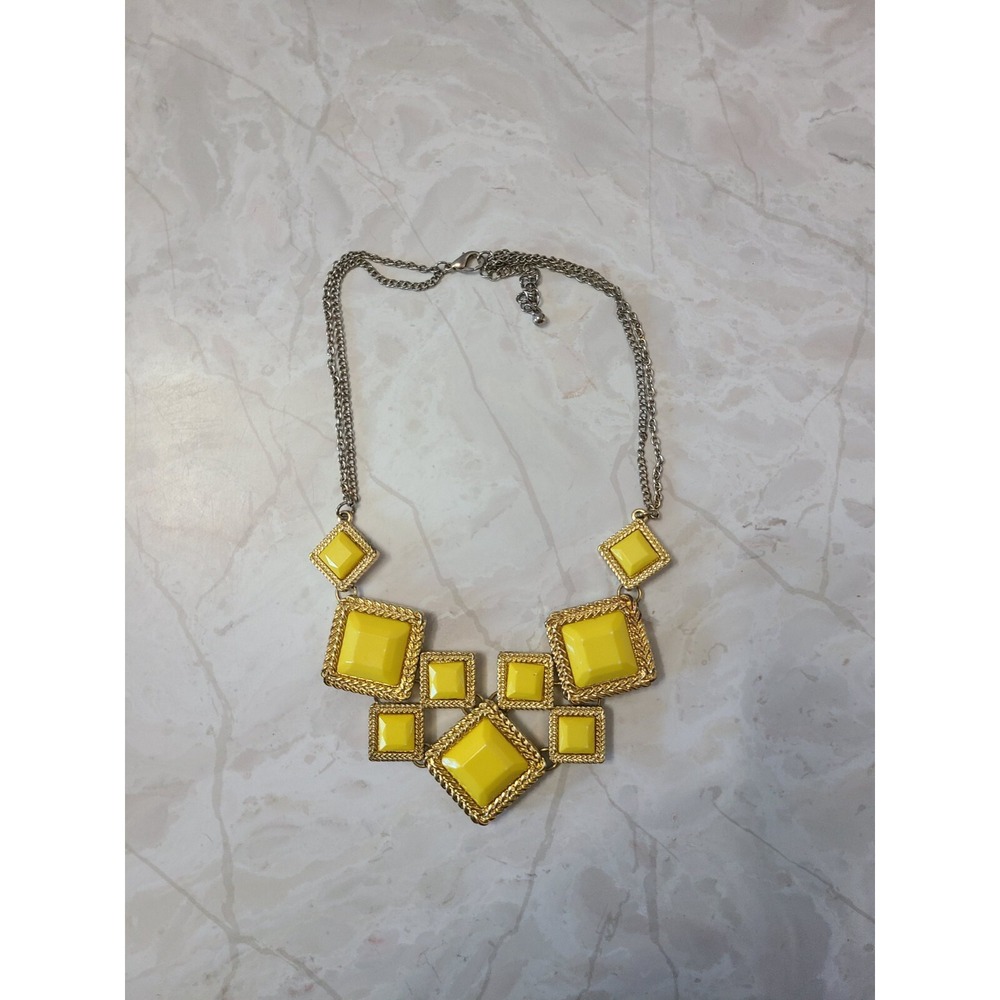 Square Lemon Yellow Design Big Necklace Gold Tone